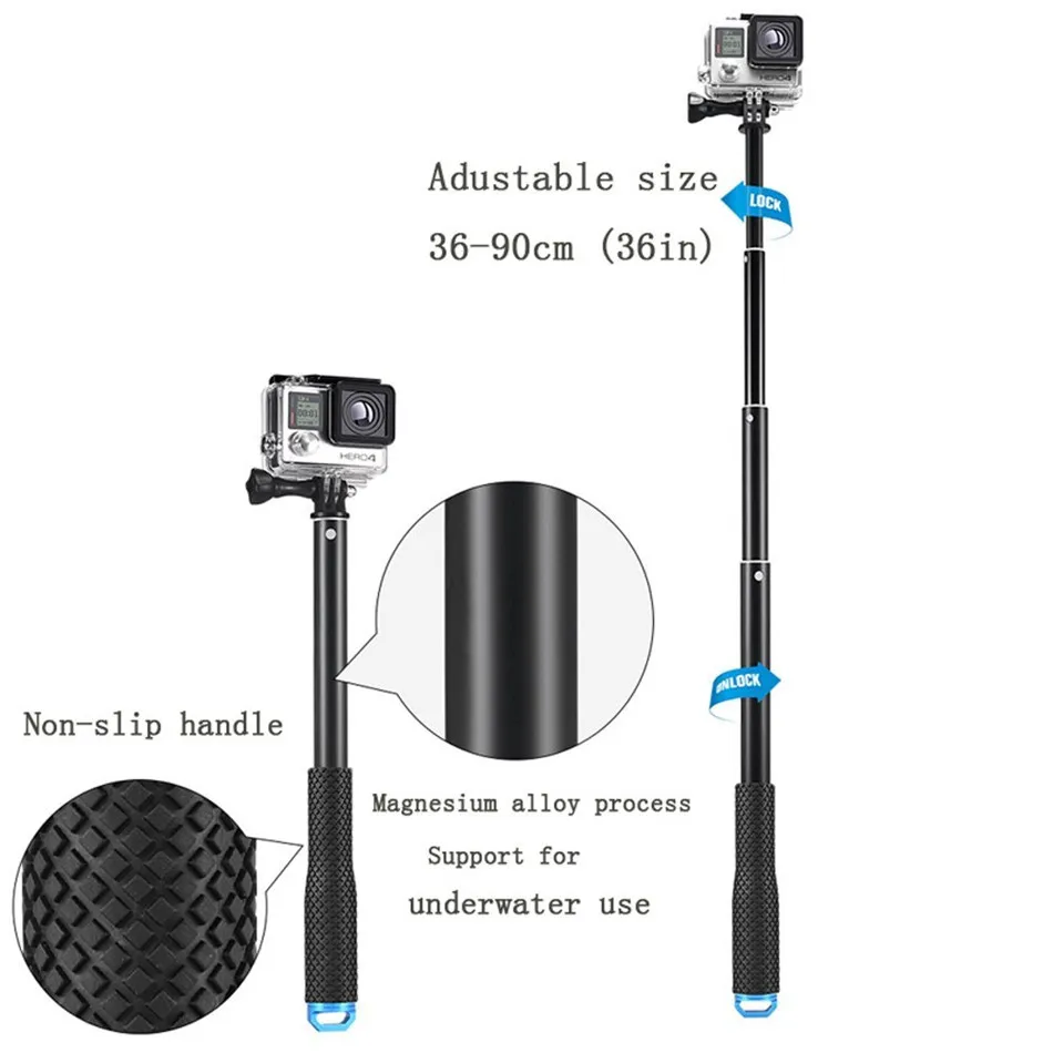 36 дюймов алюминиевый монопод для GoPro Hero 8 7 6 5 4 черный серебристый Session Sjcam Sj7 Yi 4K Экшн-камера селфи палка для Go Pro