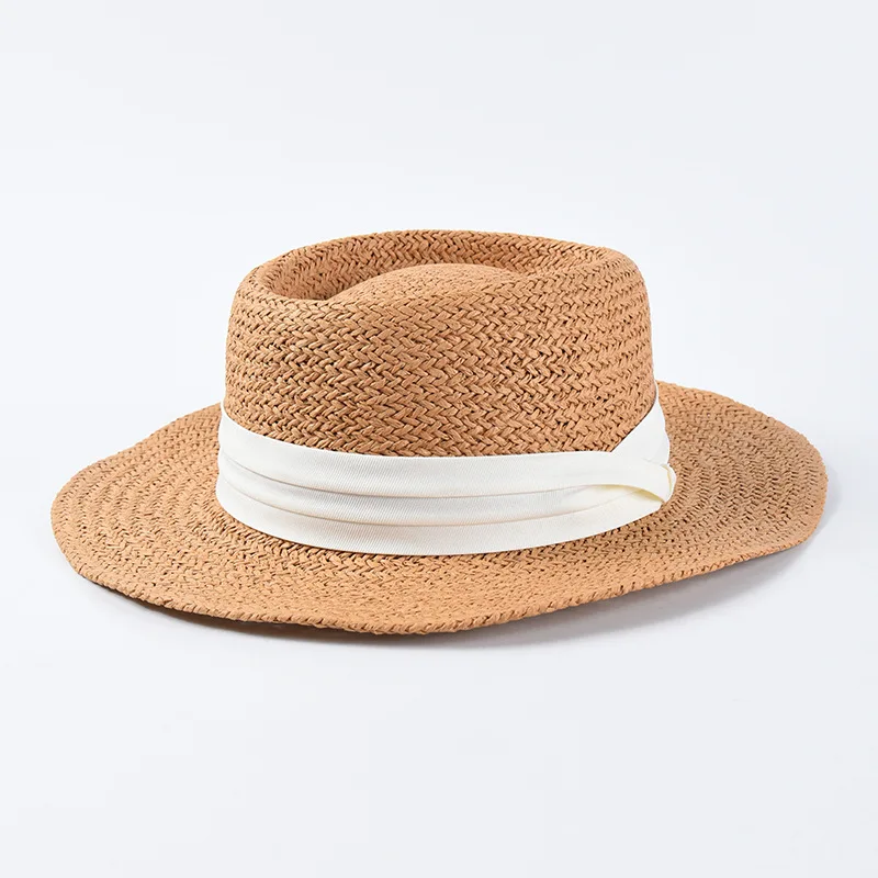 Новая Соломенная пляжная шляпа ручной работы для женщин, летняя Праздничная Панама, модная вогнутая плоская Солнцезащитная козырьковая шляпа - Цвет: 04