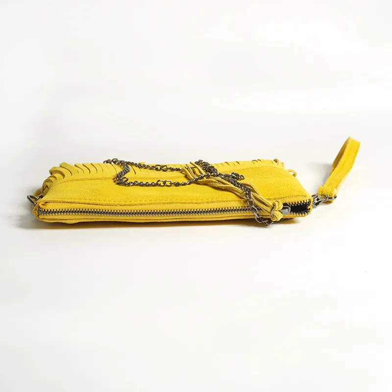 Летняя женская сумка из натуральной кожи, модная женская маленькая замшевая цепочка с бахромой, желтая и серая сумка-клатч