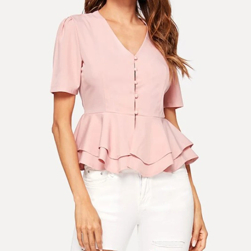 

Tshirt Summer Women's Shirt Long Row New V-neck Ruffled Women's T-shirt Pink Fashion Style Short-sleeved T-shirt 2019