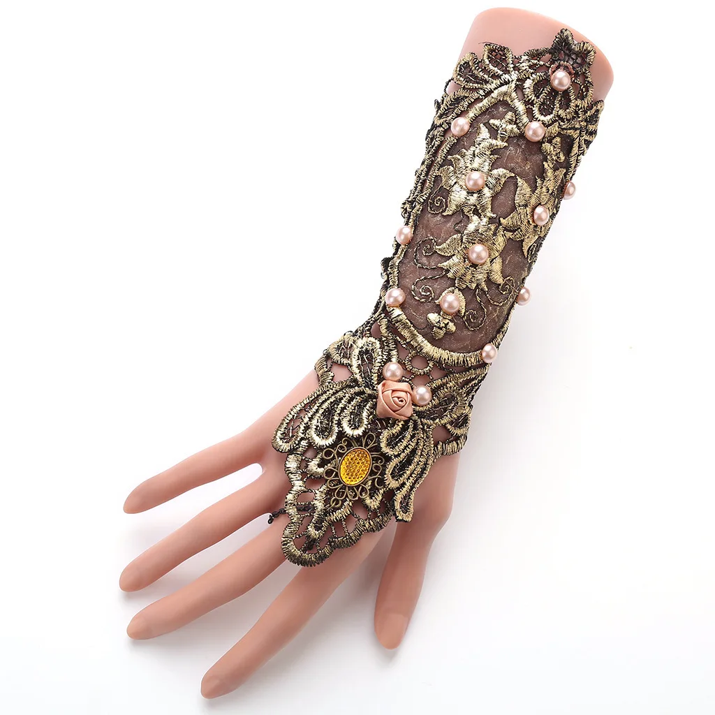 Exaggerated Hand Dressing Gold Lace Pearl Gloves Ladies' Swordsman Arms
