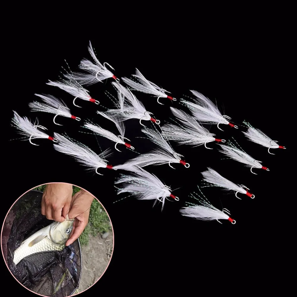 10Pieces Three Hook Fish Fly Lure Bulk Feather Treble Hooks Bait Can Be