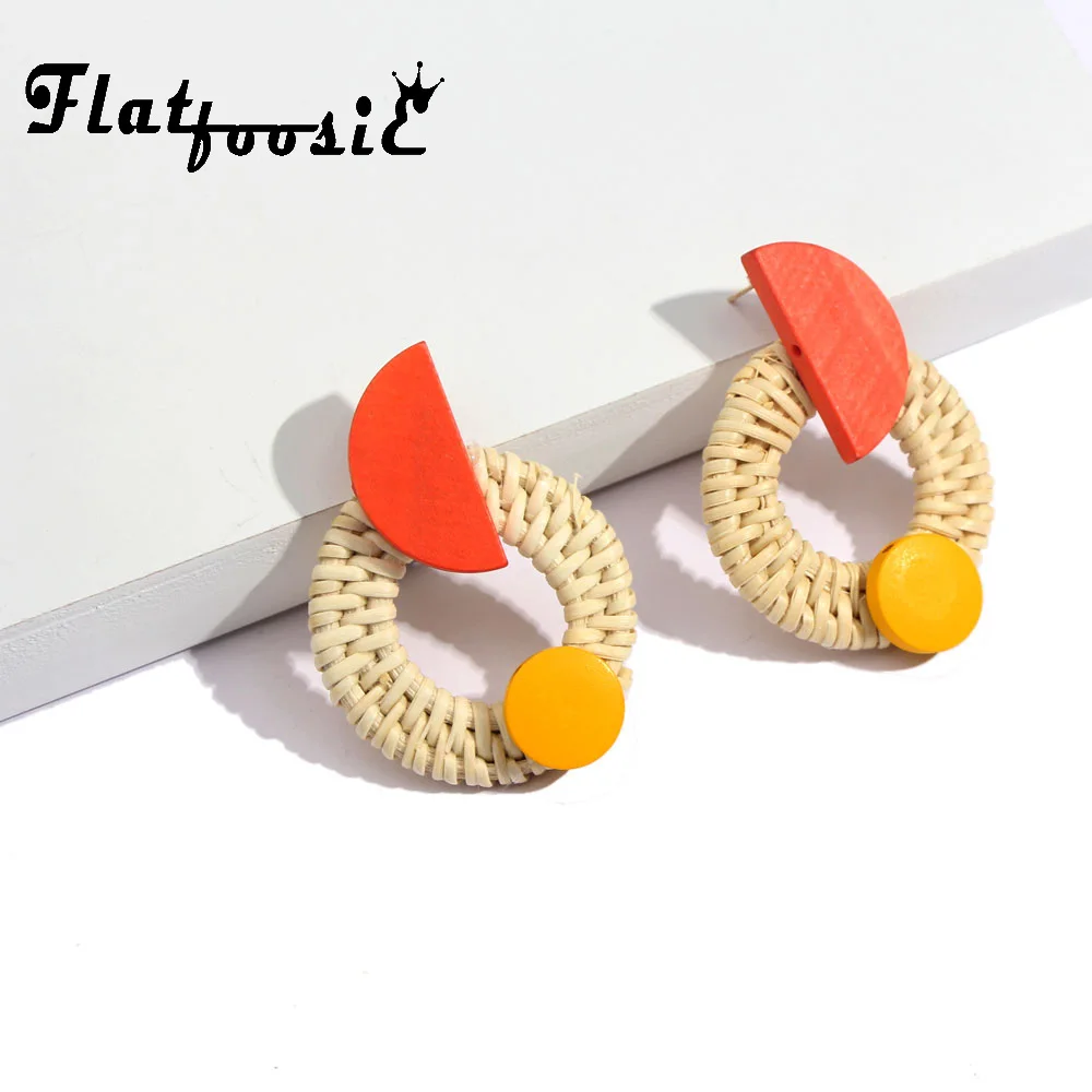

Flatfoosie Round Circle Weave Stud Earrings For Women 2018 New Straw Rattan Vine Braid Geometric Earring Handmade Ethnic Jewelry