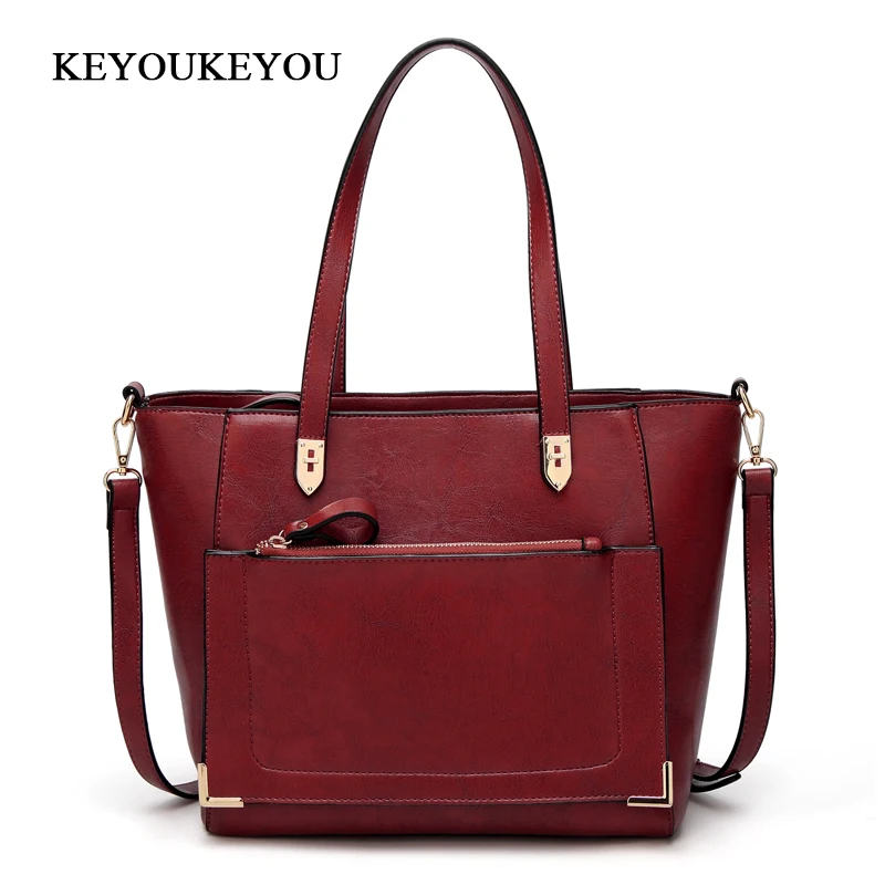 KEYOUKEYOU Pu Leather Women Shoulder Bag Oil Wax Luxury Handbags Women Bags Designer Vintage