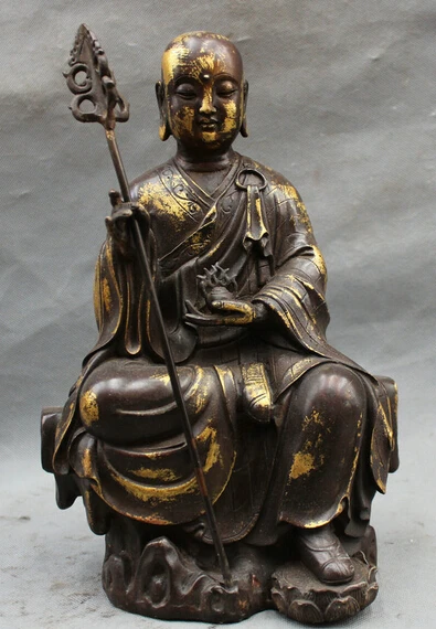 

JP S0524 11" Chinese Buddhism Bronze Seat Ksitigarbha Boddhisattva Tangseng crutch Statue