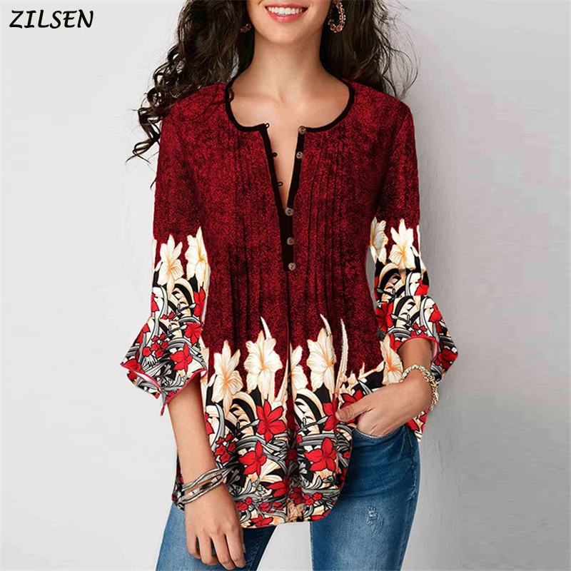 

2019 Spring and autumn Long Sleeve Floral Print V-neck Womens V Neck Short Sleeve Curved Hem Tie Dye Business Tunic Blouse