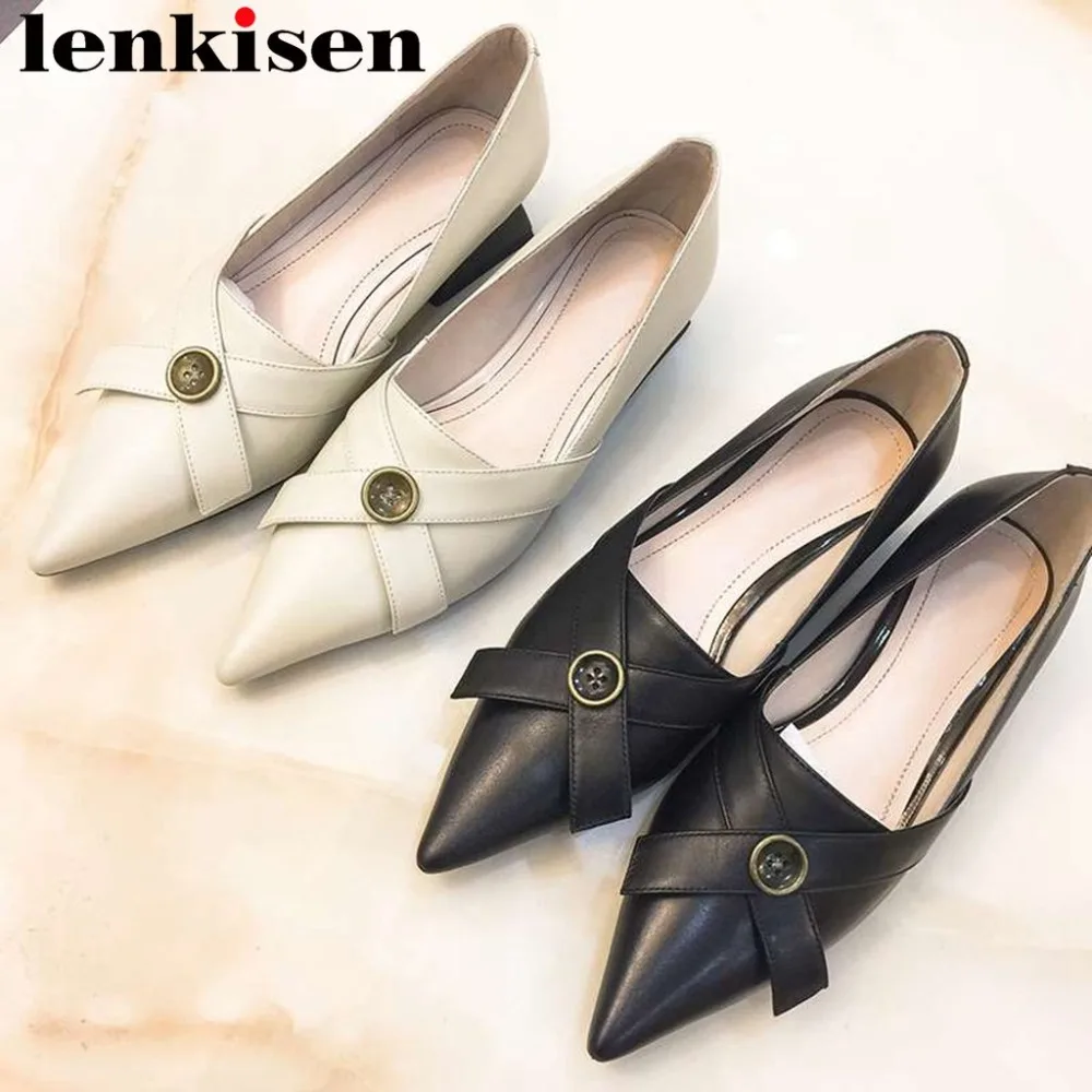 

2019 elegant lady low heels soft full grain leather button Hollywood movie stars large size pumps pointed toe wedding shoes L11