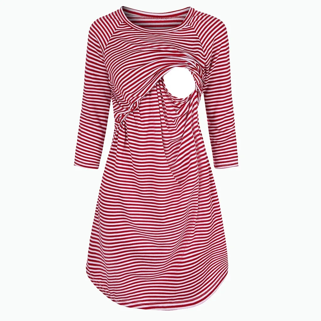 Home suit Women's Maternity Night Dress 3/4 Sleeve Striped Nursing Breastfeeding Cotton Sleepwear Dress Nightgown Home Wear#g4