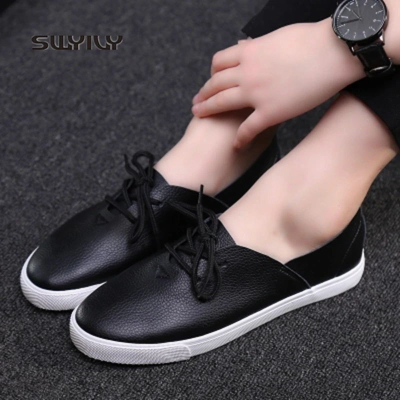 SWYIVY Women Walking Shoes Leather Breathable Flat Heel 2018 New Spring And Autumn Super Light Lace-up Female Sneakers