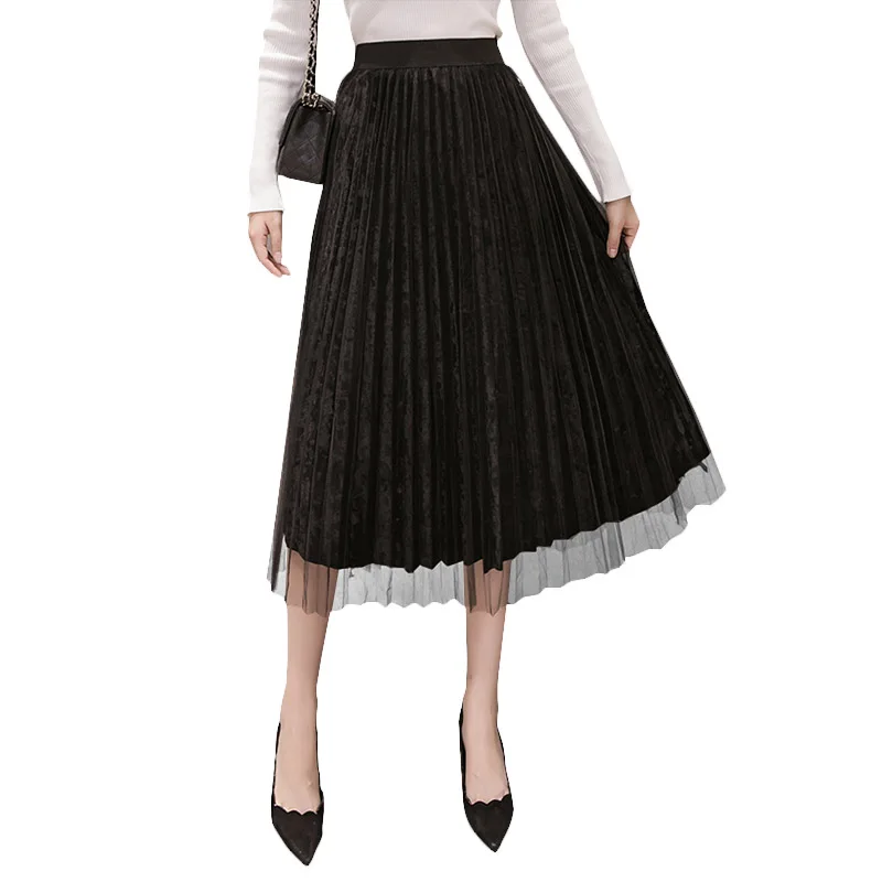 Женская юбка осень зима Вельветовая сетка Корейская Элегантная Женская эластичная высокая талия трапециевидная винтажная плиссированная женская Юбка-миди