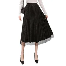 Женская юбка осень зима Вельветовая сетка Корейская Элегантная Женская эластичная высокая талия трапециевидная винтажная плиссированная женская Юбка-миди