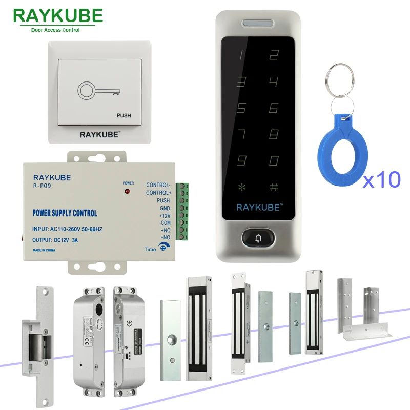 RAYKUBE DIY система контроля доступа комплект с сенсорной клавиатурой + Электронные дверные замки кнопка выхода питание RFID ключи