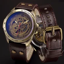 Vente chaude Antique Bronze Automatique Squelette Montre Mécanique Hommes Steampunk Rétro En Cuir Analogique Poignet Montres Horloges Mannen