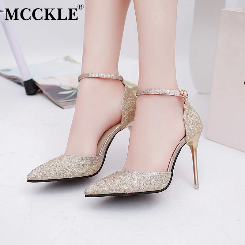 

MCCKLE Spring Women Pointed Toe Sequined Cloth Dress Pumps Female Shallow Crystal Buckle Strap High Heels Shoes Woman Stilettos