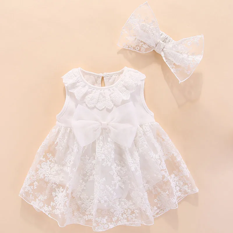 

Girls Dresses 2019 Summer New Baby Girl Toddler Sweet Mesh Stitching Bow Lace Collar Vest Fluffy Dress + Hair Band
