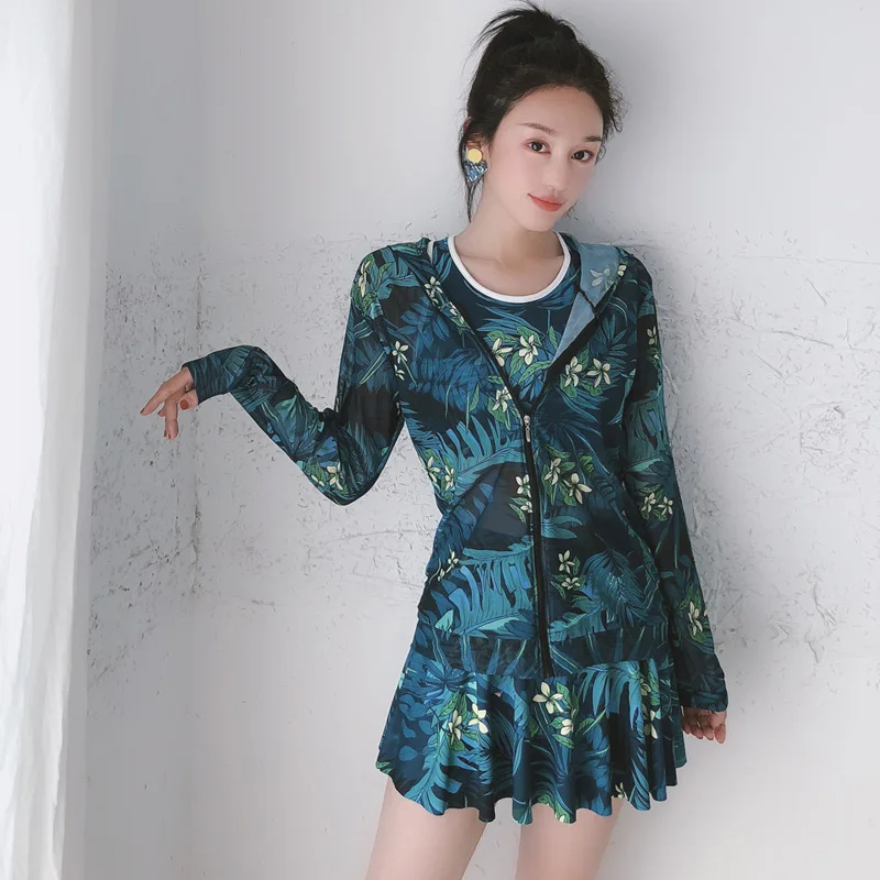 

2019 new Zipper long sleeve sunscreen Bonnet Hat print swimsuit Sexy Three-piece suit skirt bikini Swimwear women bathing suits