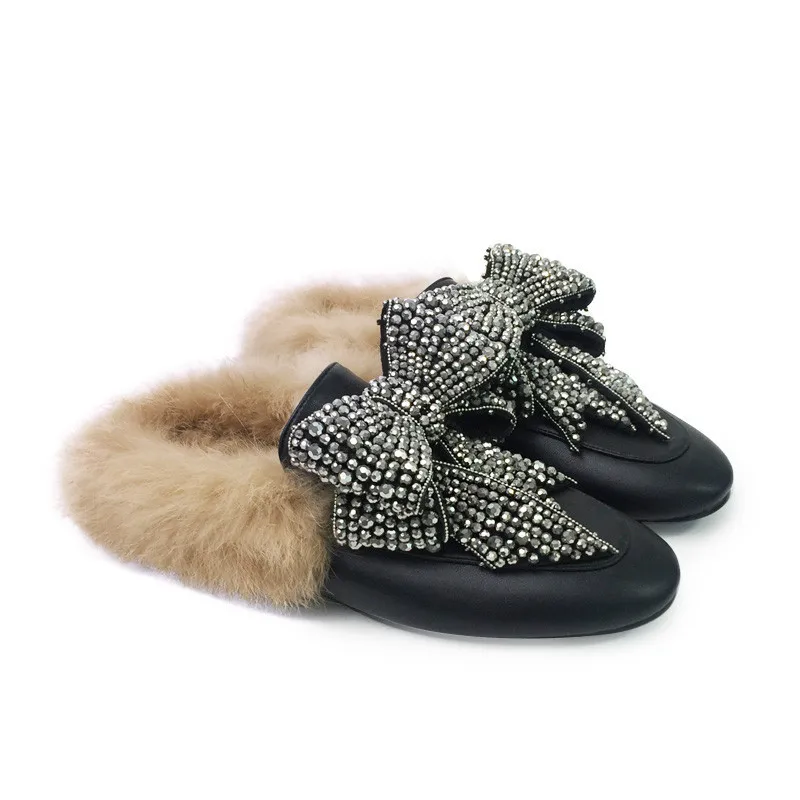 

Soft Leather With Fur Women Slipper Indoor Outside Shoes Woman Crystal Bow Sapatos Mulher Street Fashion Flats & Loafers