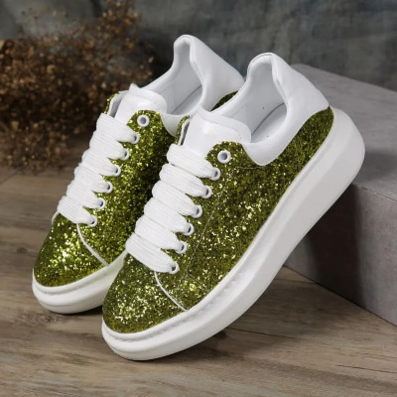 

Spring and autumn new sequins thick bottom round head with leather comfortable personality casual sports shoes