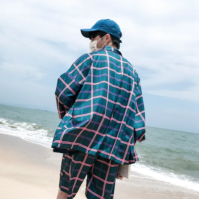Plaid Printed Kimono Jacket Men Summer Beach Sun Proof Men's Jacket Three Quater Sleeve Thin Jackets Plaid Printed Kimono Jacket Men Summer Beach Sun Proof Men's Jacket Three Quater Sleeve Thin Jackets