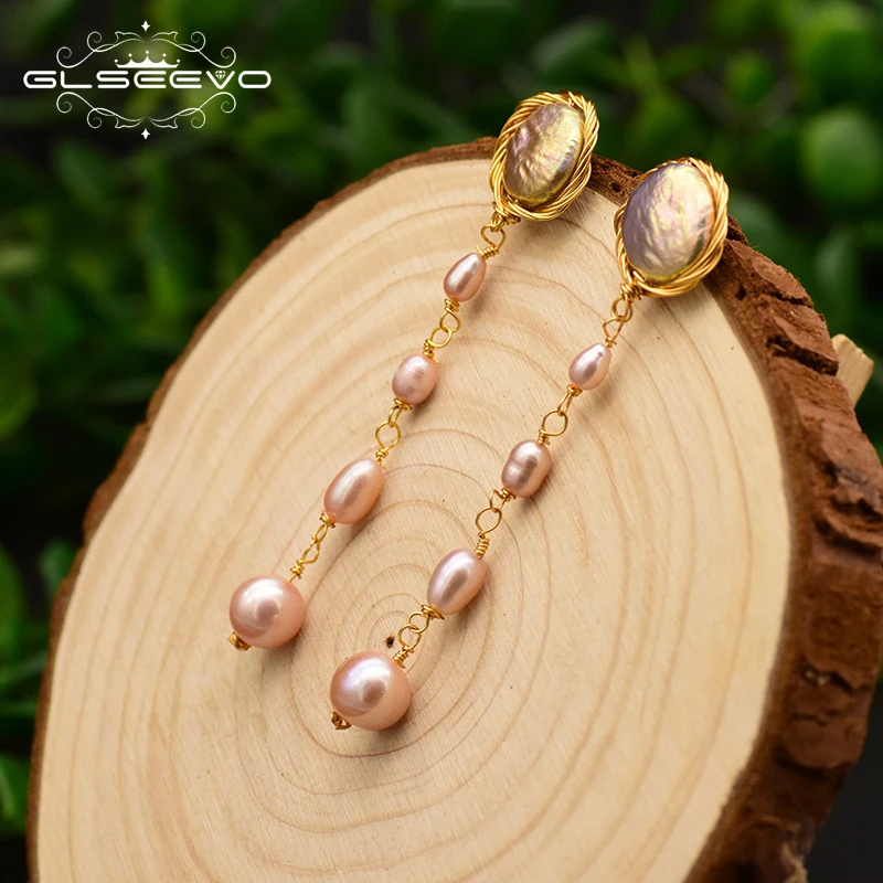 

GLSEEVO 925 Sterling Silver Natural Fresh Water Baroque Pink Flat Pearl For Women Long Tassel Drop Earrings Fine Jewelry GE0737