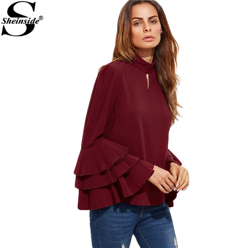 Sheinside Cute Korean Clothes Women Elegant Top Women Fashion Blouse Burgundy Keyhole High Neck Layered Flare Sleeve Blouse
