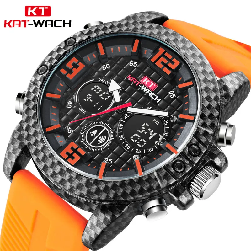 Kopen Goedkoop Carbon Fiber Waterdicht Heren 50 Meters Dual Display Rode Wijzerplaat Nummer Oranje Siliconen Band Man Klok Orologio Uomo Online