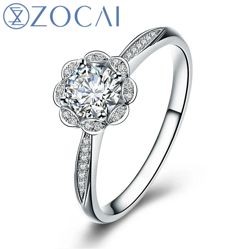 

ZOCAI BRAND FLOWER NATURAL REAL 0.24 CT CERTIFIED H/ SI DIAMOND ENGAGEMENT RING ROUND CUT 18K WHITE GOLD W01658