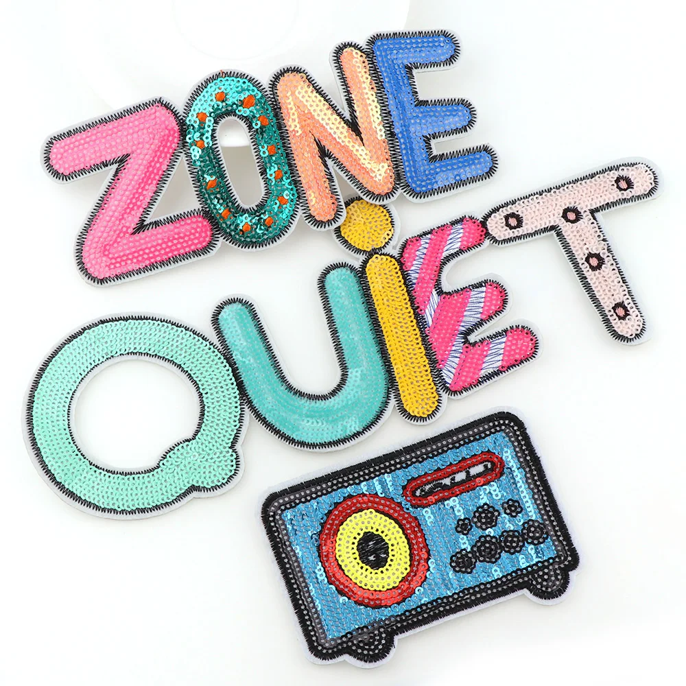 1PC Big Size Zone Quiet Sequins Iron On Patches Stripes For Clothes DIY Embroidered Patch Applique Badges Clothing T Shirt | Дом и сад