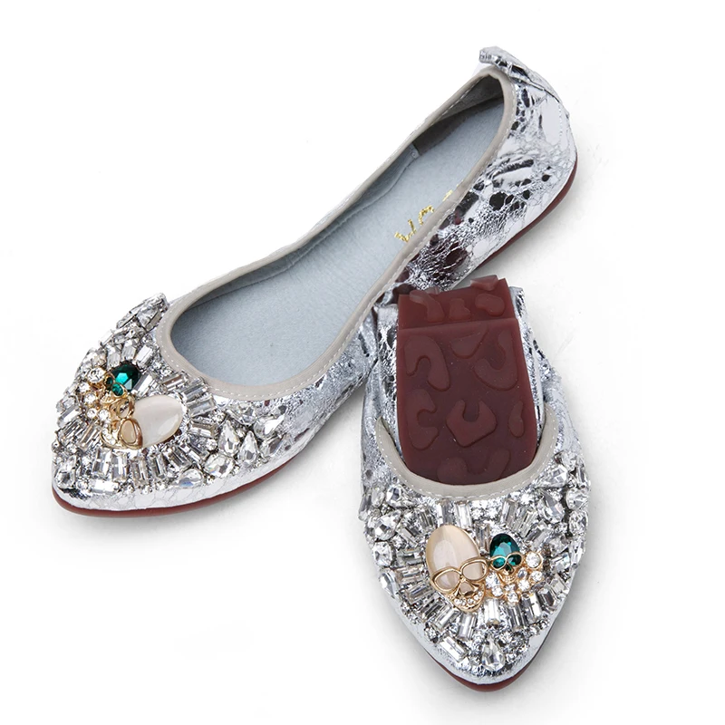 

Big Size 35-43 Gold/Silver Genuine Leather Shoes Women Flats Elegant Ladies Flat Shoes Fashion Rhinestone Slip On Shoes For Wome