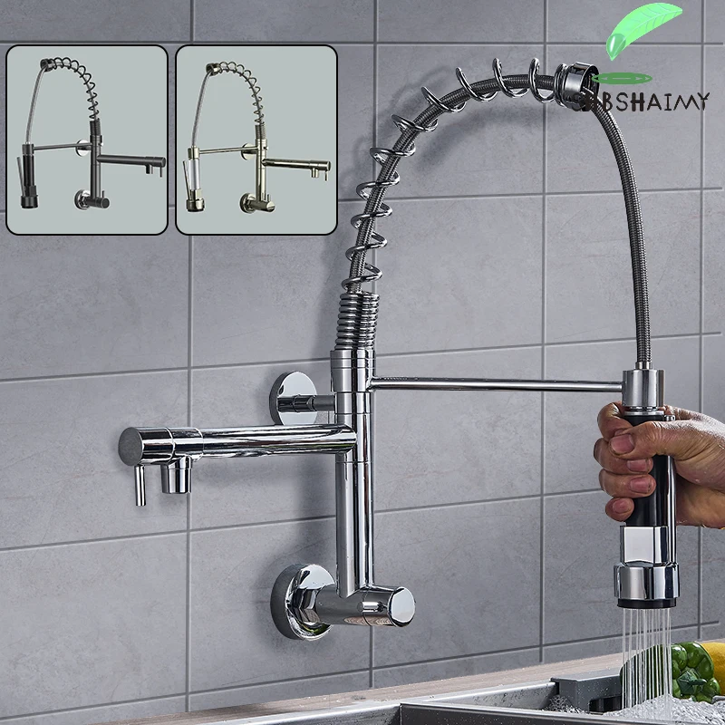 

SHBSHAIMY Spring ORB Black Kitchen Faucet Pull Down Chrome Single Cold Wall Mounted Kitchen Taps Dual Function Sprayer Taps