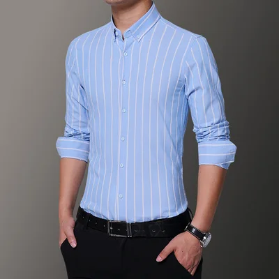 Новинка хлопок длинный рукав рубашка мужская плюс размер Brand бренд Slim Fit платье рубашка мужская полосатая деловая повседневная мужская рубашка - Цвет: Light Blue