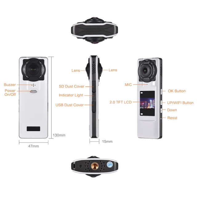 Andoer 360 Degree Video Camera 4K Ultra HD WiFi VR Camera Handheld Panoramic Video Camera with Dual Lens 2.0inch LCD Display