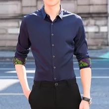 Мужская рубашка Мужская модная однотонная тонкая рубаха мужские деловые платья рубашка мужская с отворотом однобортная рубашка