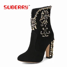 2016 New Genuine Leather Fashion Boots Women Zipper Embroidered Square Heels Autumn Ankle Boots Sexy Handmade High Quality Shoes