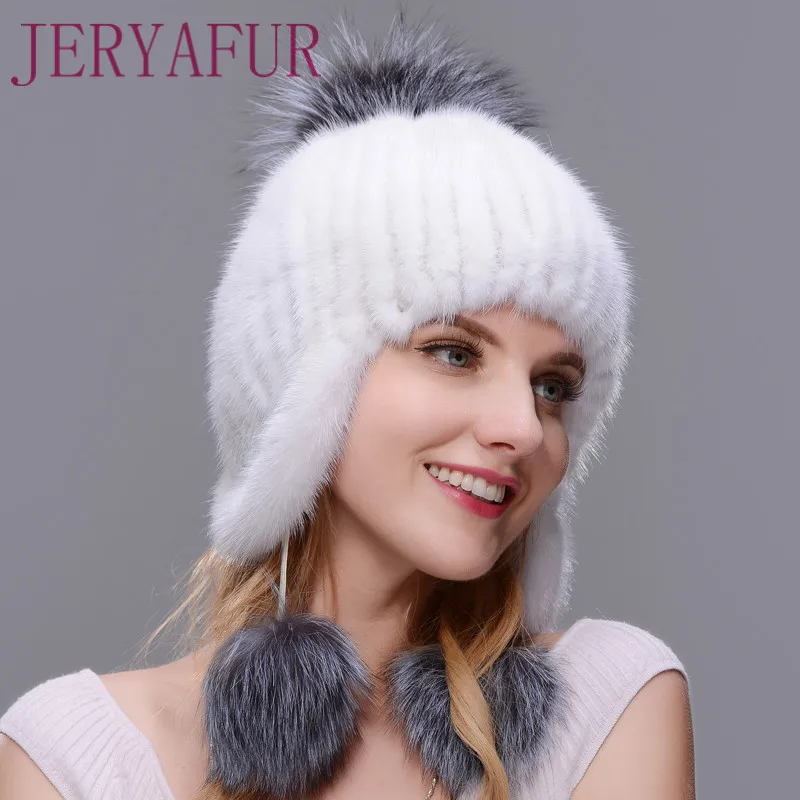 Jeryafur зима Женская норковая шапка шляпу, чтобы защитить уши из норки и песца ручной работы Лыжная шапка мех Подготовка теплые