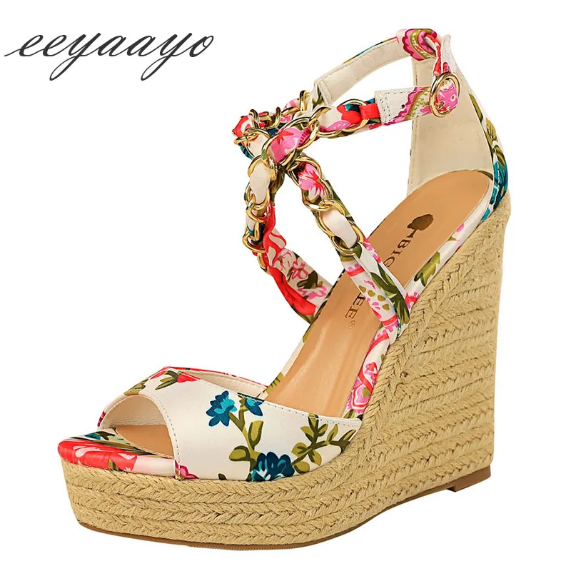 

2019 New Summer Women Sandals 13cm High Wedge Heel Peep Toe Buckle Floral Casual Silk Women Platform Shoes Beige Female Sandals