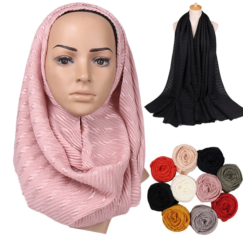 

200*90cm Solid Crimp Hijabs Women Cotton plain shawl rectangle scarf Crinkle muslim pashmina Arab headscarf wraps hood Wrinkle
