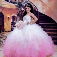 Vestidos De 15 Anos белый и розовый Бальные платья Бальные органза бусины оборками Дешевые