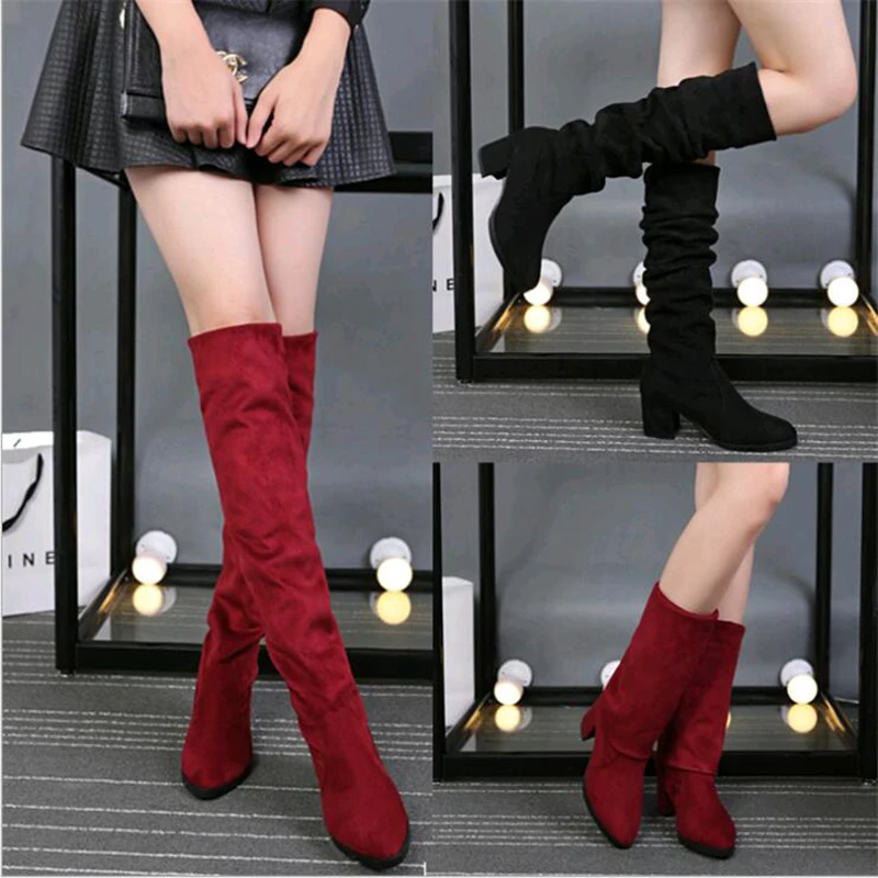 

SunNY Everest suede over knee shoes woman autumn winter square heel 7cm lady shoes slip-on botas de mujer 35-41 black red us9 10