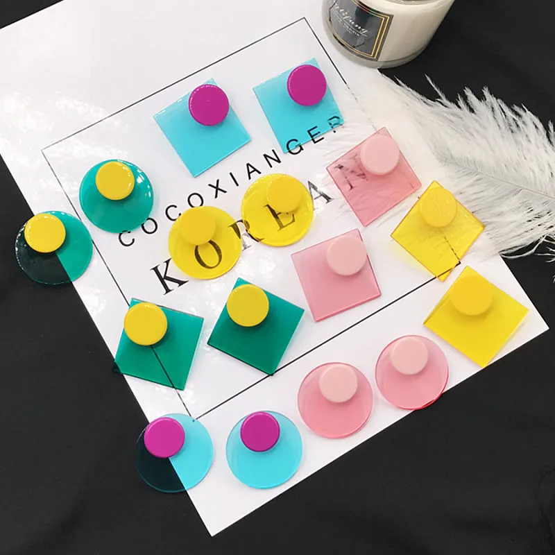 

FishPeach Korean Summer Colorful Geometric Round Circle Square Stud Earrings Clear Acrylic Earring for Women Bohemian Jewelry