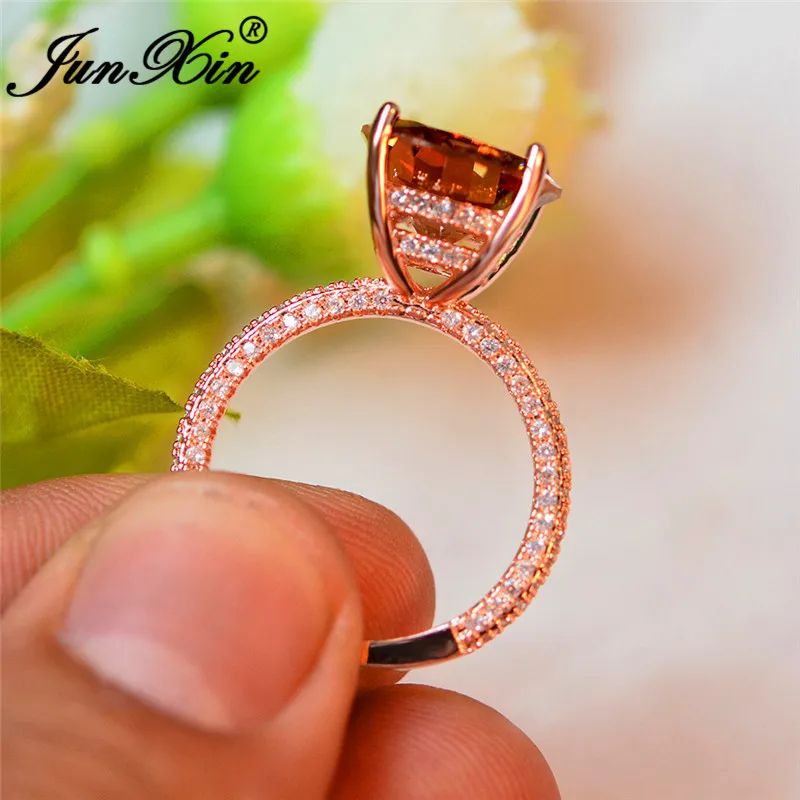 JUNXIN, милое шампанское, кристалл, большой круглый камень, кольца для женщин, розовое золото, кольцо, обручальные кольца, бохо, циркон, обещания, обручальные кольца