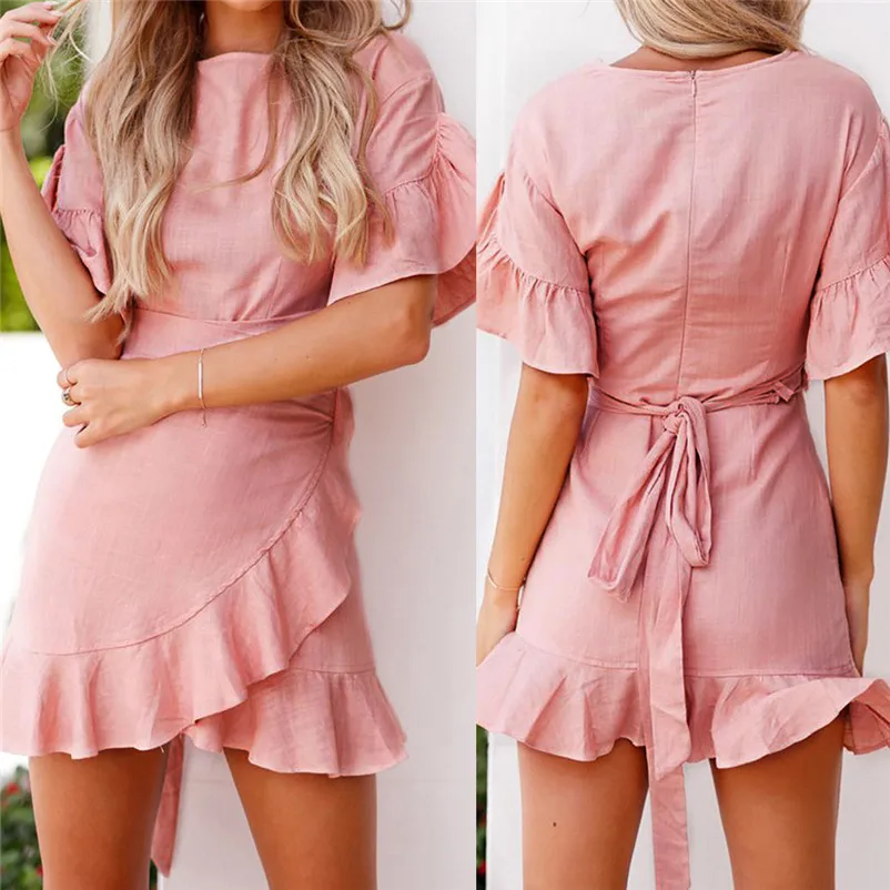HOT sell Fashion summer dress 2018 beach dress Women Short Sleeve Holiday Solid Dress Ladies Ruffle Mini Dress vestido Y20#N (9)