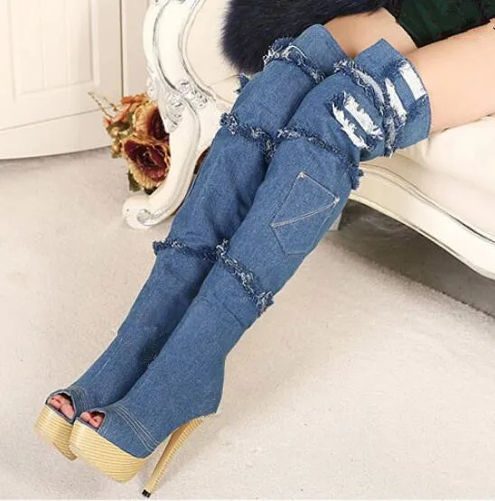 MayBest Women Denim Thigh High Heel Boots Over Knee Peep Toe Boots Ripped Stretch Jeans Stiletto Party Shoes