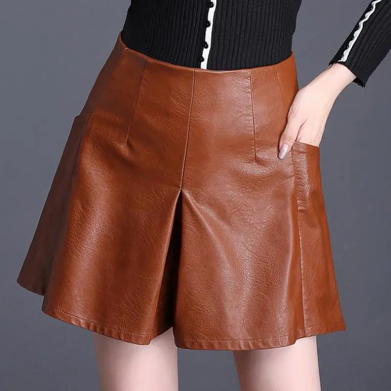 

Winter Autumn Fashion Women Female Wide Leg High Wasited Black Red Pu Leather Shorts Skirt , 2018 Fall Casual Woman 4xl Shorts