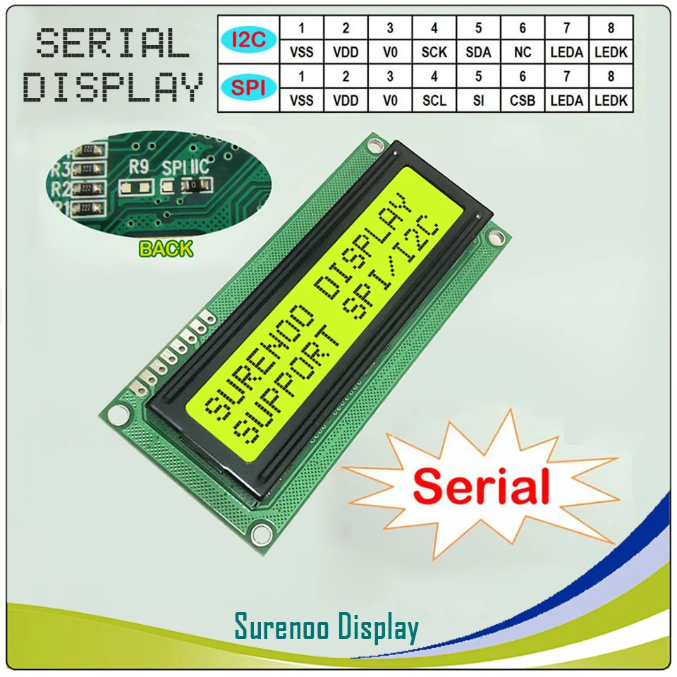 

Serial I2C/IIC or SPI Interface 162 16X2 1602 Character LCD Module Display Screen LCM with Yellow Green Backlight