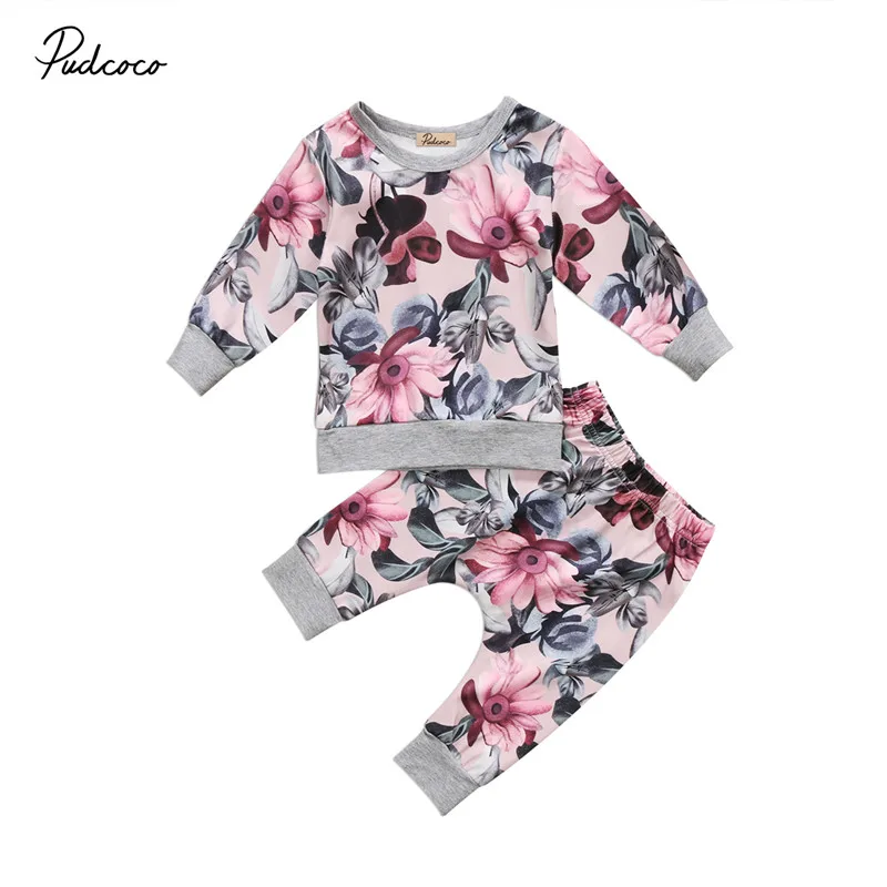 Pudcoco Комплект для новорожденных из 2 предметов; футболка для маленьких девочек топ + Цветочные штаны комплект одежды