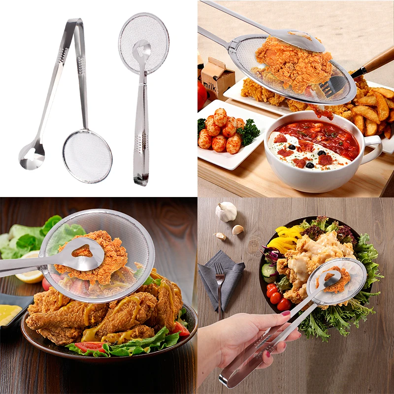 

Top Cooking Tool Food Clip Tong Stainless Steel Drain Oil Fried Food Strainer BBQ Salad Buffet Tool Kitchen Frying Mesh Colande