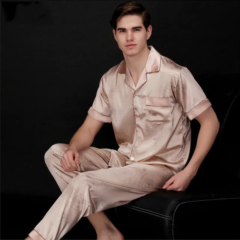 Mens Faux Silk Pajama Sets Mens Silk Night Sleepwear Men's Pajama Sets