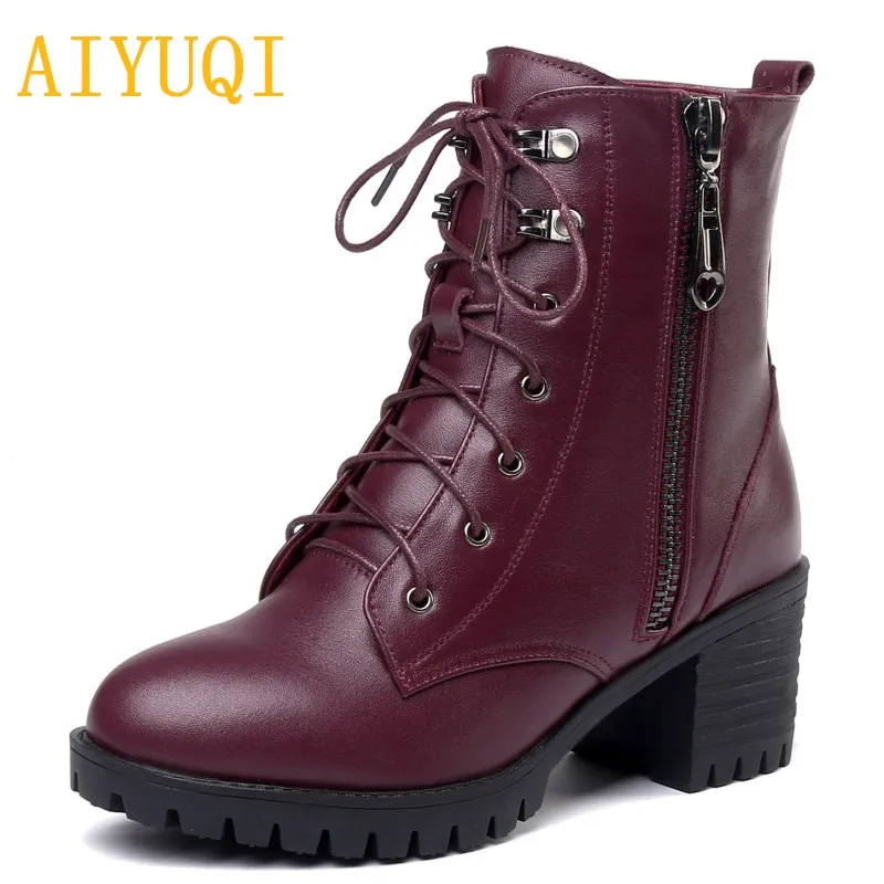 

AIYUQI2019 new genuine leather warm women wool boots, big size 41 42 43 lace female Military boots, platform female Martin boots