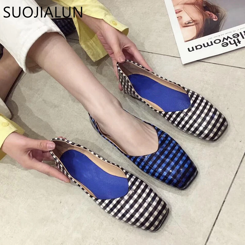 

SUOJIALUN 2019 Fashion Lattice Slip-On Flat Shoes Square Head Casual Shoes Basic ballet Flat Shoes Zapatos Mujer Female Loafer